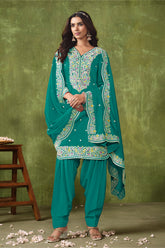 Designer Rama Green pure silk Patiala Suits with deatiled embroidery work